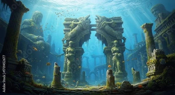 Fototapeta Ancient Underwater Ruins With Sculptures And Archway