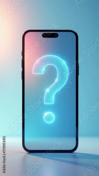 Fototapeta A smartphone shows a bright question mark, representing questions, support, or technology use.