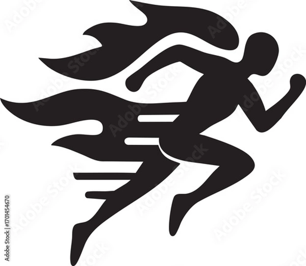 Fototapeta Silhouette running athlete logo with dynamic flame speed effect, fitness training symbol, sports vector icon for gym, marathon, athletics, and physical activity design