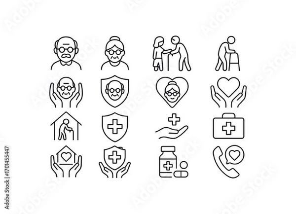 Obraz grid 4x4 vector icon line elder care and protection 16 items isolated on white background