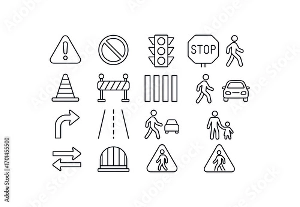 Obraz grid 4x4 vector icon line road safety and pedestrian safety 16 items isolated on white background