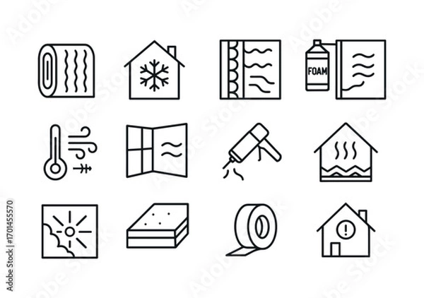 Obraz grid 4x4 vector icon line insulation and air sealing 16 items isolated on white background