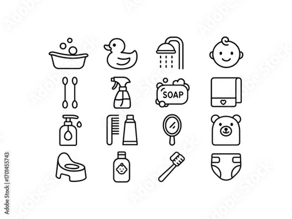 Obraz grid 4x4 vector icon line baby bath and hygiene 16 items isolated on white background