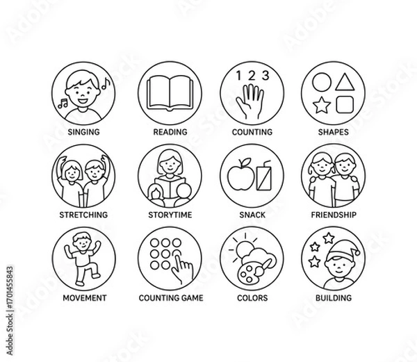Obraz grid 4x4 vector icon line preschool circle time activities 16 items isolated on white background