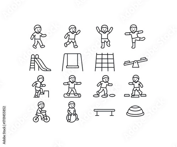 Obraz grid 4x4 vector icon line gross motor and balance play 16 items isolated on white background