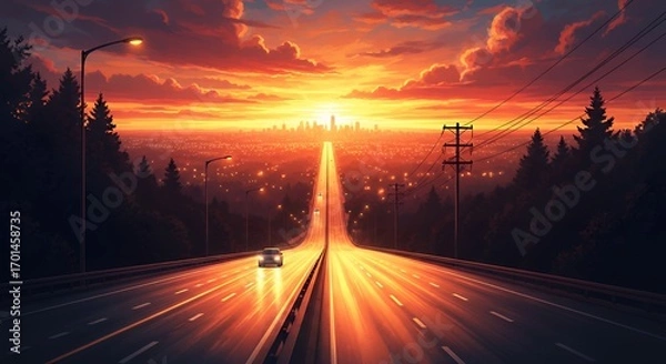 Fototapeta 【未来へのハイウェイ】夕焼けに染まる大都市へと続く光の道の絶景