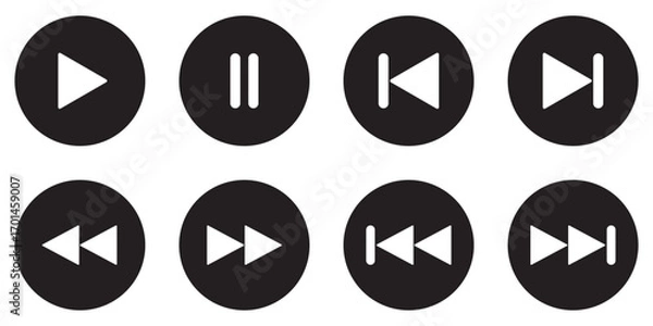 Fototapeta Play icon set. Media player controls with play, pause, stop, record, rewind and forward vector illustration. Universal video and music navigation symbol. Interface playback UI sign. Control pictogram