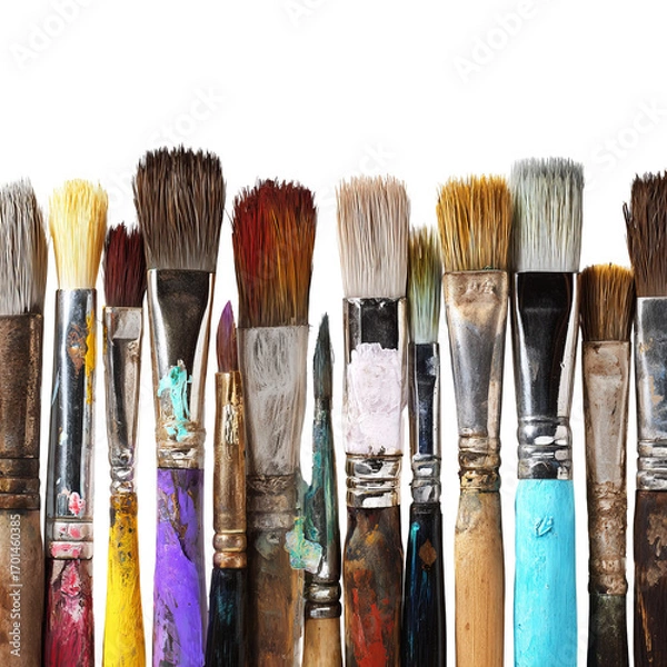 Fototapeta Row of used paintbrushes in various colors