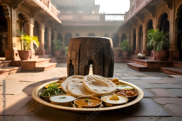 Obraz Authentic Indian thali meal served in a courtyard, a vibrant taste of tradition