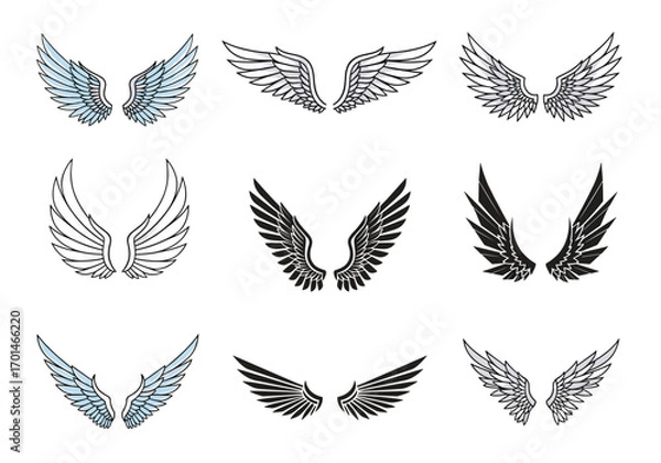 Fototapeta Collection of decorative angel wings illustrations for design projects