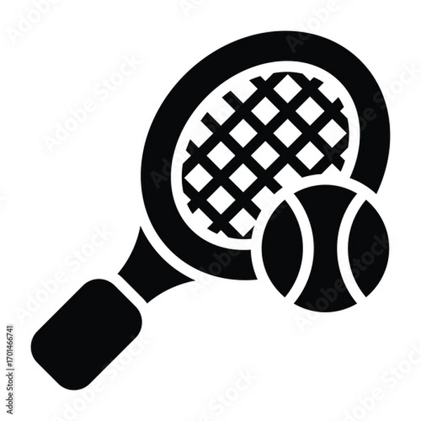 Fototapeta Black and white line illustration of a tennis racket with ball. Minimalist style, clean design, suitable for sport themes, training, games, or competition related visuals.