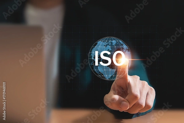 Fototapeta Quality control, certification and assurance concept according to ISO standards. Businessman using mobile phone with document and quality certification icons for ISO.