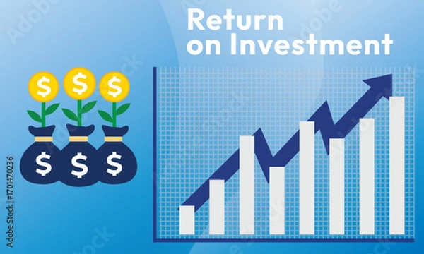 Fototapeta Return on investment ROI concept. business growth arrows to success. dollar plant coins, graph and money bag. chart increase profit. Finance stretching rising up. banner flat style vector illustration