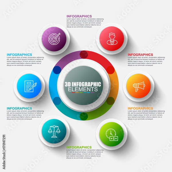 Fototapeta Presentation business 3d infographics vector design template. Can be used for steps, concept with 6 options, parts or processes, workflow, graph, diagram, chart, marketing icons, info graphics.