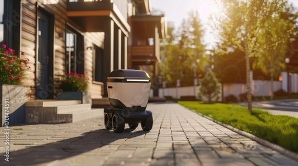 Fototapeta Mobile robot delivering food against the background of the street. The topic of food delivery services.
