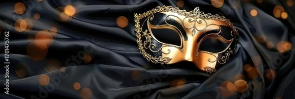 Fototapeta Golden venetian mask on black fabric