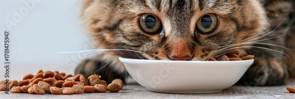 Obraz Tabby cat eating from white bowl
