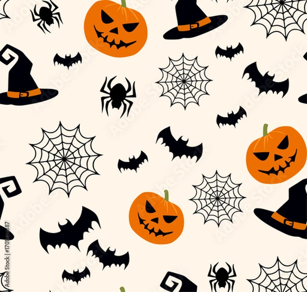 Fototapeta abstract cute Halloween seamless pattern with pumpkin and bat vector illustration design 