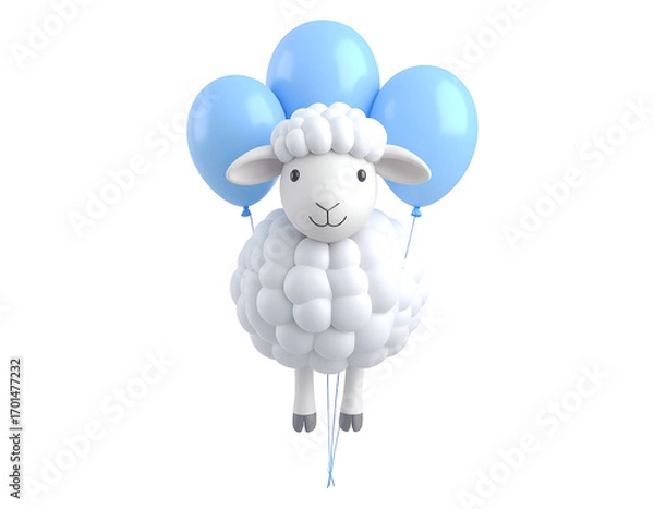 Fototapeta 3D Cute White Sheep Character Floating with Blue Balloons on Black Background