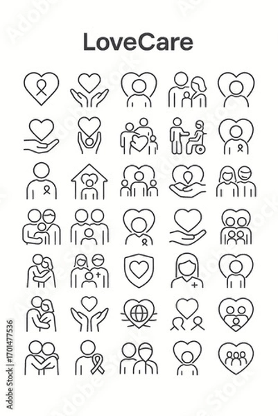 Fototapeta A comprehensive line icon set illustrating concepts of love, community support, family care, charity, health awareness, and social responsibility