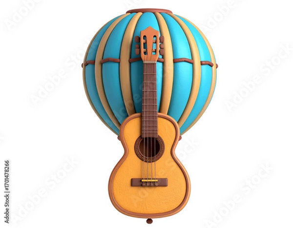 Fototapeta Whimsical 3D acoustic guitar with blue and orange striped hot air balloon background on black