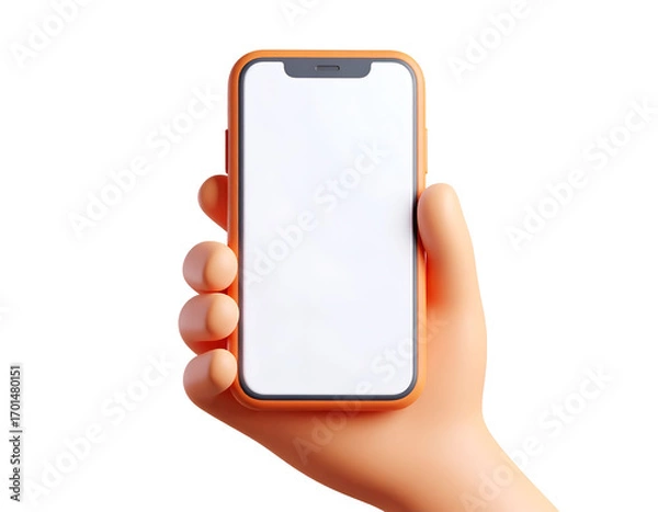 Fototapeta 3D Rendered Hand Holding Modern Smartphone with Blank White Screen and Orange Case