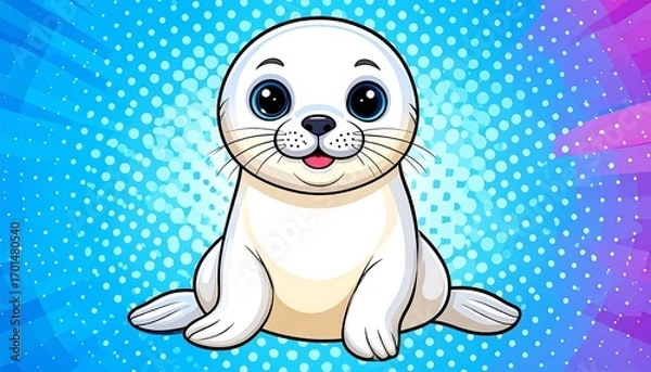 Fototapeta A charming cartoon seal pup, with big eyes and a happy expression, sits against a vibrant comic-book style background of blue, purple, and white.
