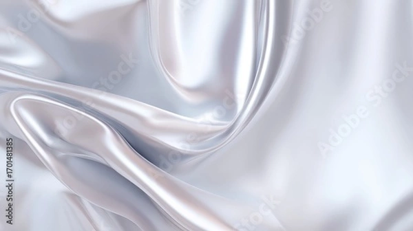 Fototapeta Silver satin fabric draped in soft curves with glowing reflections, minimal luxury abstract composition, high-resolution background for elegant banners and mockups.