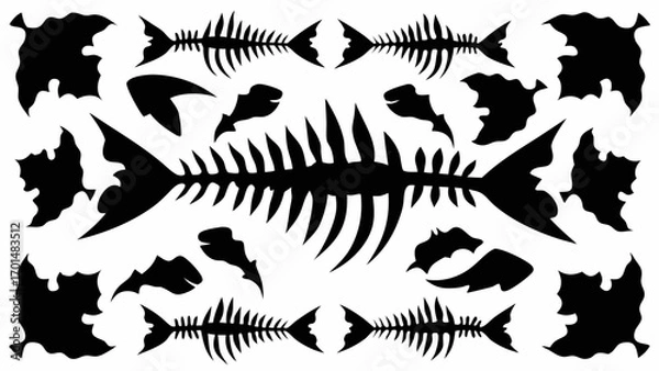 Fototapeta Seamless Pattern of Fish Skeletons – Black and White Vector Illustration