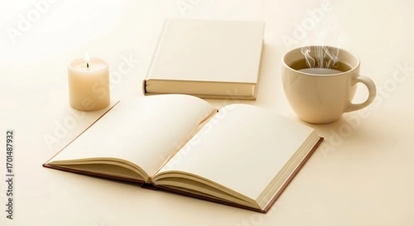 Fototapeta Cozy reading scene with open book candle and coffee mug