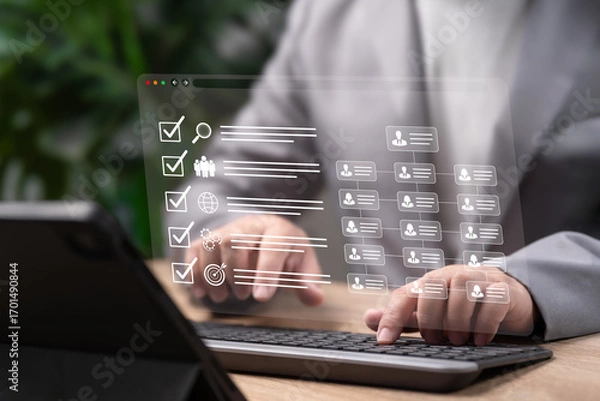 Fototapeta Hierarchical Structure of Teams and Employees Concept, Businessman Reviewing Corporate Organization Chart, Best Employees Checklist of HR Recruitment Process Online, Staff Allocation, Human Resources