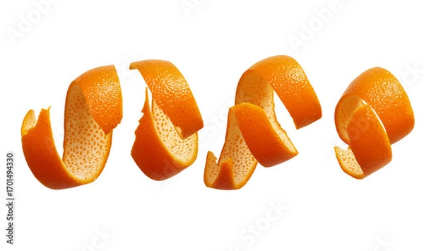 Fototapeta orange peels flying in the air on a white background, in a flat lay composition. isolated orange peel spirals flying in different directions, set against a transparent png background. flat lay. 
