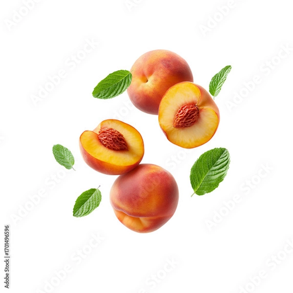 Fototapeta fresh peaches with leaves, isolated on a white background, in close-up. fruits flying through the air, for a summer concept design. flat lay style