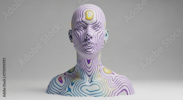 Fototapeta Futuristic android bust with colorful topographic layered patterns.