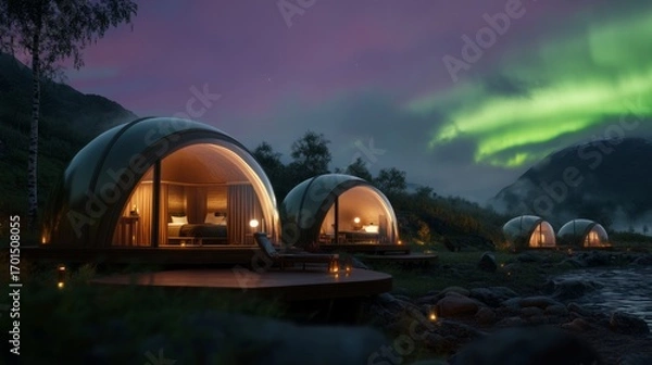 Obraz Enchanting glamping experience under the northern lights remote wilderness lodge accommodation tranquil riverbank evening view adventure and relaxation