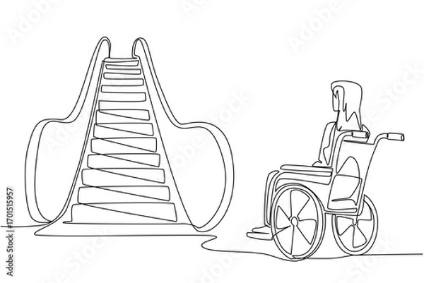 Fototapeta Single one line drawing woman sitting in wheelchair and looking up at the escalator. Unfriendly infrastructure. Troublesome. National Barrier Awareness Day. Continuous line design graphic illustration