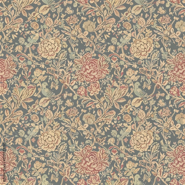 Fototapeta Vintage floral pattern background with birds and botanical design elements, seamless pattern, Stock royalty image.