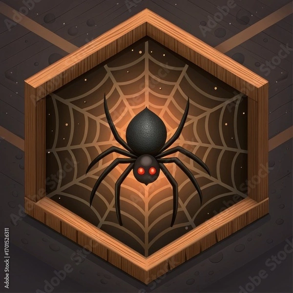 Fototapeta Creepy black spider on a web inside a hexagonal frame