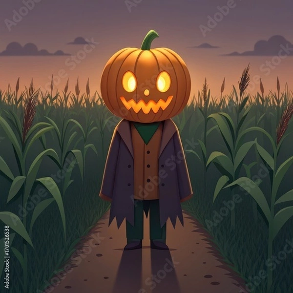 Fototapeta Spooky jack o lantern character standing in a cornfield at dusk