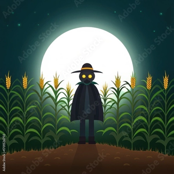 Fototapeta Spooky scarecrow standing in a cornfield under a full moon