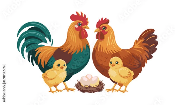 Fototapeta Chicken Family Cute Rooster, Hen, and Chick Vector Illustration, easily editable and scalable.