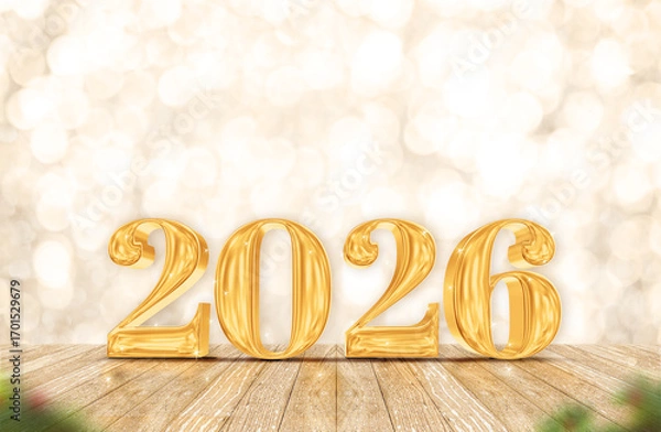 Fototapeta 2026 happy new year number (3d rendering) on wood table with sparkling gold bokeh wall,leave space for display of product for promotion on christmas and new year holiday