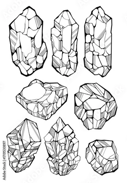 Fototapeta Hand drawn black and white line art crystals illustration with rough geometric facets and bold outlines, abstract mineral design for print, textile, wallpaper or decorative projects.