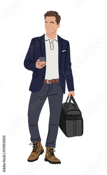 Fototapeta Business man in smart casual clothes, standing full-length, holding a duffle bag and smartphone. Vector illustration isolated on transparent background, ideal for business and lifestyle designs
