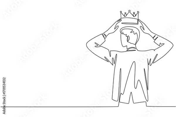 Fototapeta Single one line drawing a man in a suit puts a crown on his head. Pride that will become a beautiful history. A true winner. Success. Reward Yourself Day. Continuous line design graphic illustration