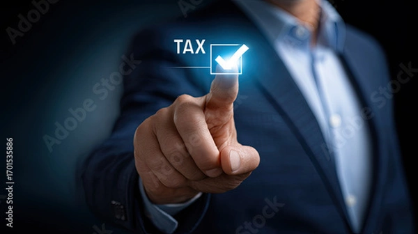 Fototapeta Tax concept with businessman pressing checkmark button on virtual screen, financial approval and success