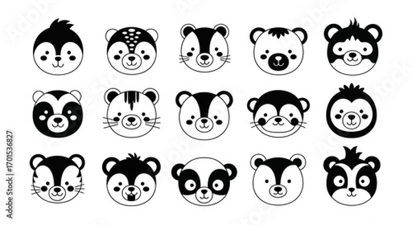 Fototapeta Adorable Collection of Minimalist Black and White Animal Face Avatars for Modern Design Projects and Cute Digital Illustrations