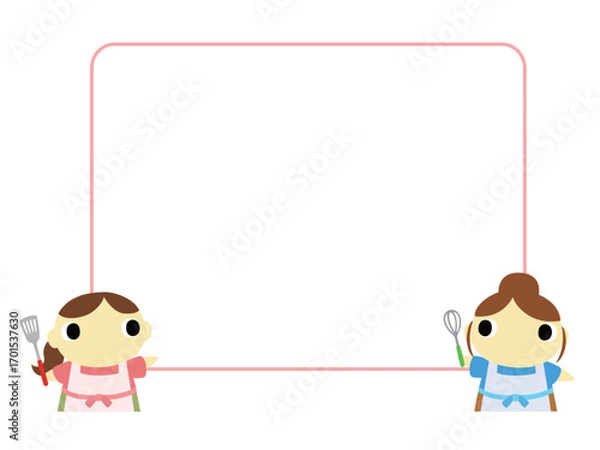 Obraz 案内をするエプロン姿の女性　吹き出し　四角フレーム