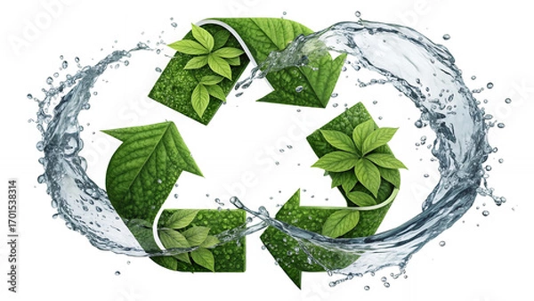 Fototapeta Green recycle symbol with fresh leaves surrounded by a water splash