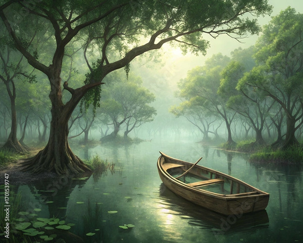 Fototapeta Misty swamp with an old wooden boat and ancient trees